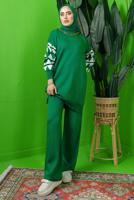 Tesettür giyim YEŞİL KOLU DESENLİ ZİNCİR DETAYLI PANTOLONLU TRİKO TAKIM T 3408