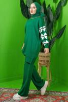 Tesettür giyim YEŞİL KOLU DESENLİ ZİNCİR DETAYLI PANTOLONLU TRİKO TAKIM T 3408