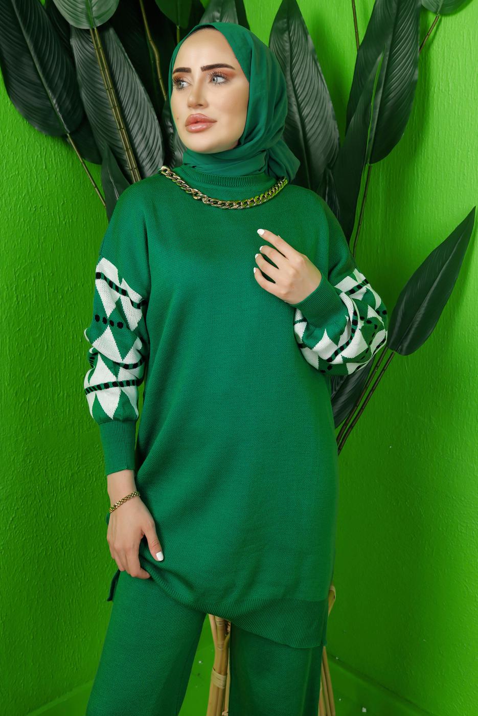 Tesettür giyim YEŞİL KOLU DESENLİ ZİNCİR DETAYLI PANTOLONLU TRİKO TAKIM T 3408