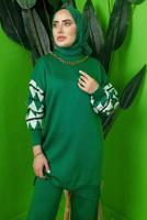 Tesettür giyim YEŞİL KOLU DESENLİ ZİNCİR DETAYLI PANTOLONLU TRİKO TAKIM T 3408