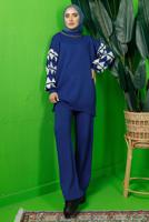Tesettür giyim LACİVERT KOLU DESENLİ ZİNCİR DETAYLI PANTOLONLU TRİKO TAKIM T 3408
