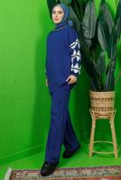 Tesettür giyim LACİVERT KOLU DESENLİ ZİNCİR DETAYLI PANTOLONLU TRİKO TAKIM T 3408