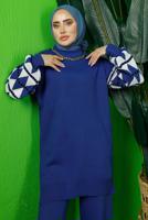 Tesettür giyim LACİVERT KOLU DESENLİ ZİNCİR DETAYLI PANTOLONLU TRİKO TAKIM T 3408
