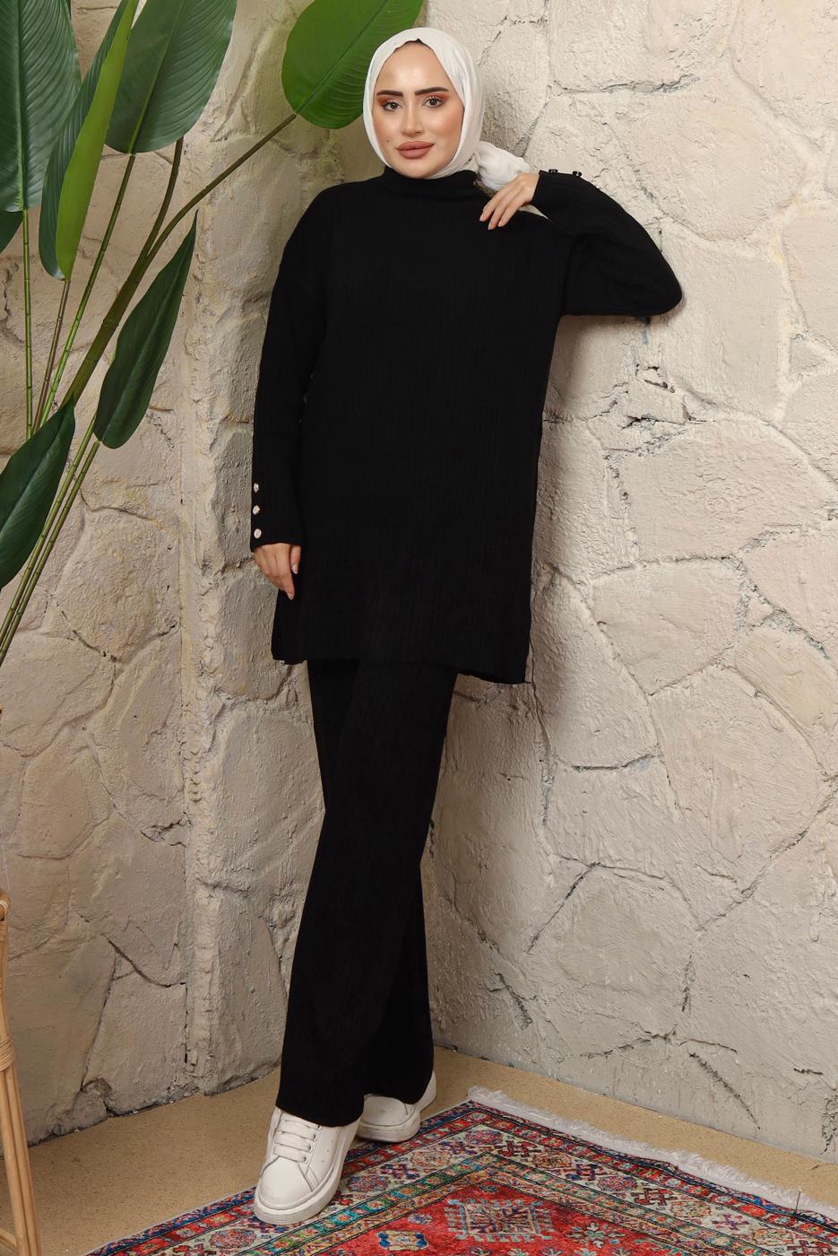 Hijab clothing BLACK KNITWEAR PANTS SUIT WITH BUTTON DETAIL T 3508