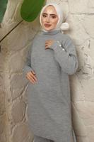 Tesettür giyim GRİ DÜĞME DETAYLI PANTOLONLU TRİKO TAKIM T 3508