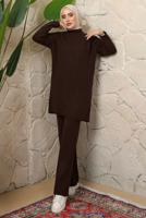 Tesettür giyim KAHVE DÜĞME DETAYLI PANTOLONLU TRİKO TAKIM T 3508