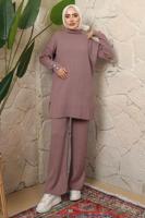 Tesettür giyim PUDRA DÜĞME DETAYLI PANTOLONLU TRİKO TAKIM T 3508