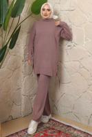 Tesettür giyim PUDRA DÜĞME DETAYLI PANTOLONLU TRİKO TAKIM T 3508