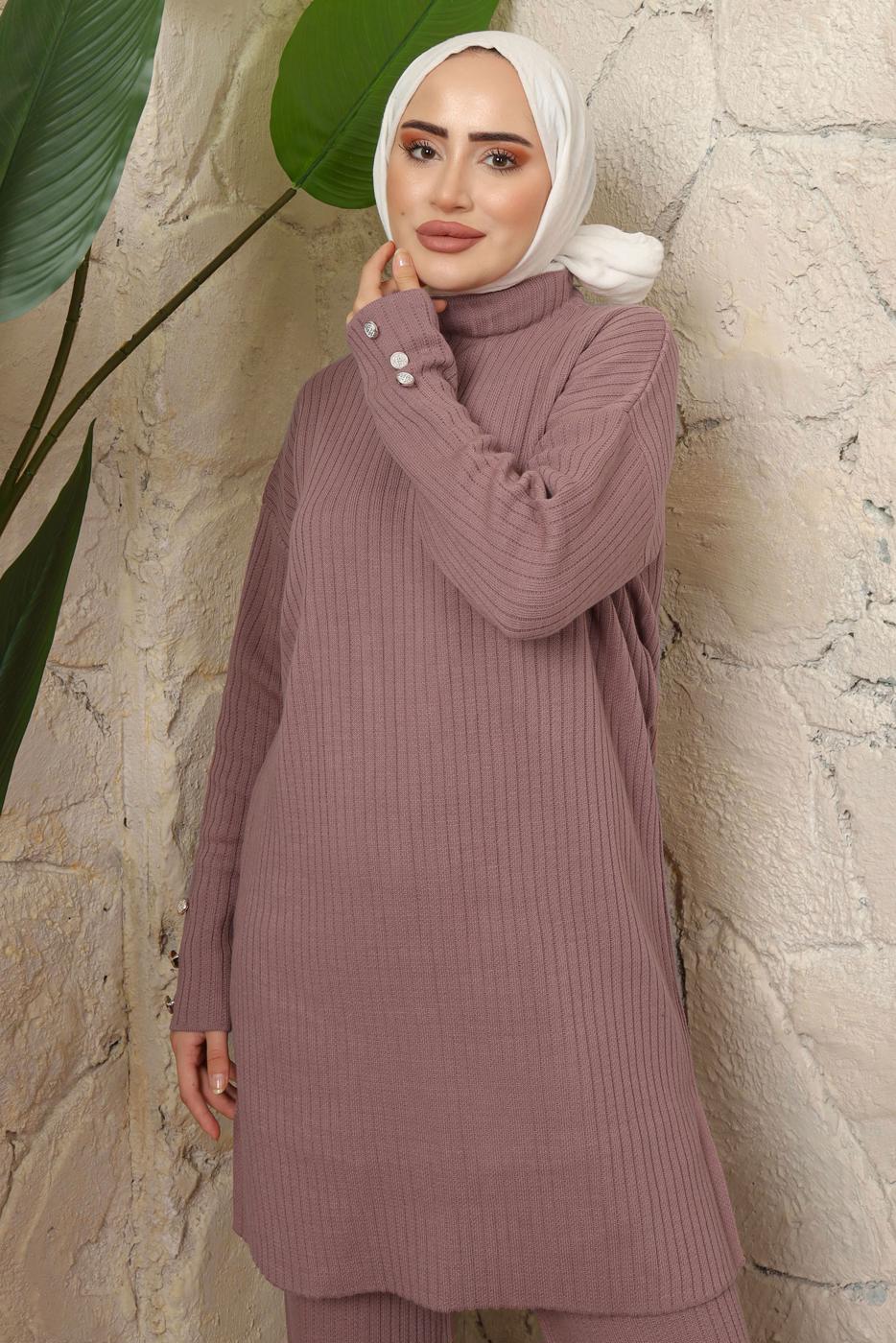 Tesettür giyim PUDRA DÜĞME DETAYLI PANTOLONLU TRİKO TAKIM T 3508