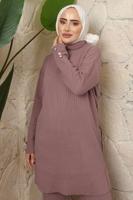 Tesettür giyim PUDRA DÜĞME DETAYLI PANTOLONLU TRİKO TAKIM T 3508