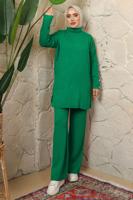 Tesettür giyim YEŞİL DÜĞME DETAYLI PANTOLONLU TRİKO TAKIM T 3508