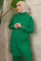 Tesettür giyim YEŞİL DÜĞME DETAYLI PANTOLONLU TRİKO TAKIM T 3508