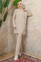 Tesettür giyim BEJ DÜĞME DETAYLI PANTOLONLU TRİKO TAKIM T 3508