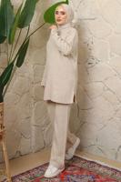 Tesettür giyim BEJ DÜĞME DETAYLI PANTOLONLU TRİKO TAKIM T 3508