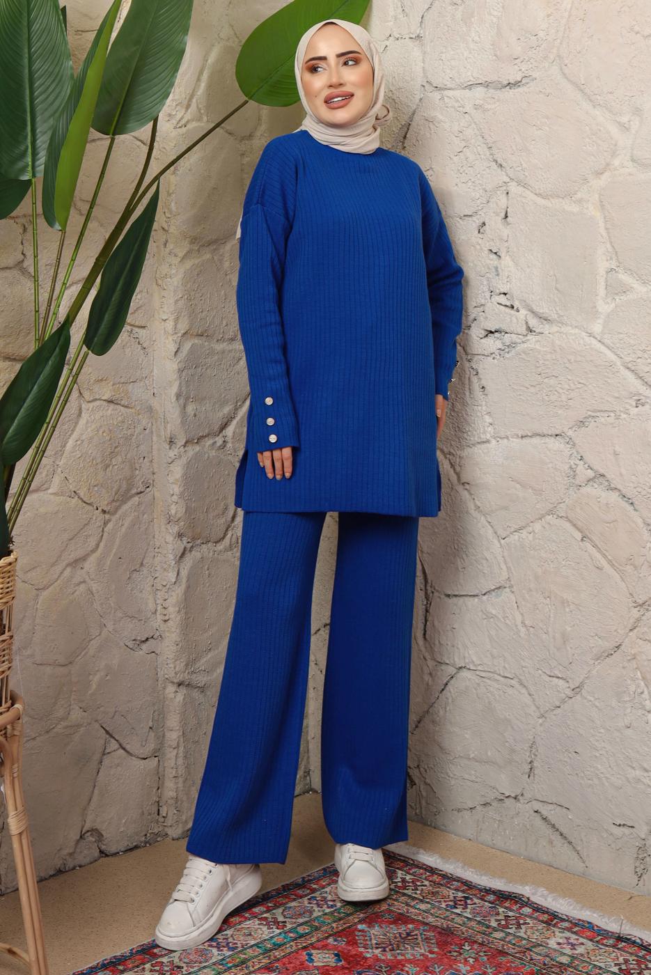 Vêtements hijab BLEU MARINE COSTUME PANTALON EN MAILLE AVEC DÉTAIL BOUTONS T 3508