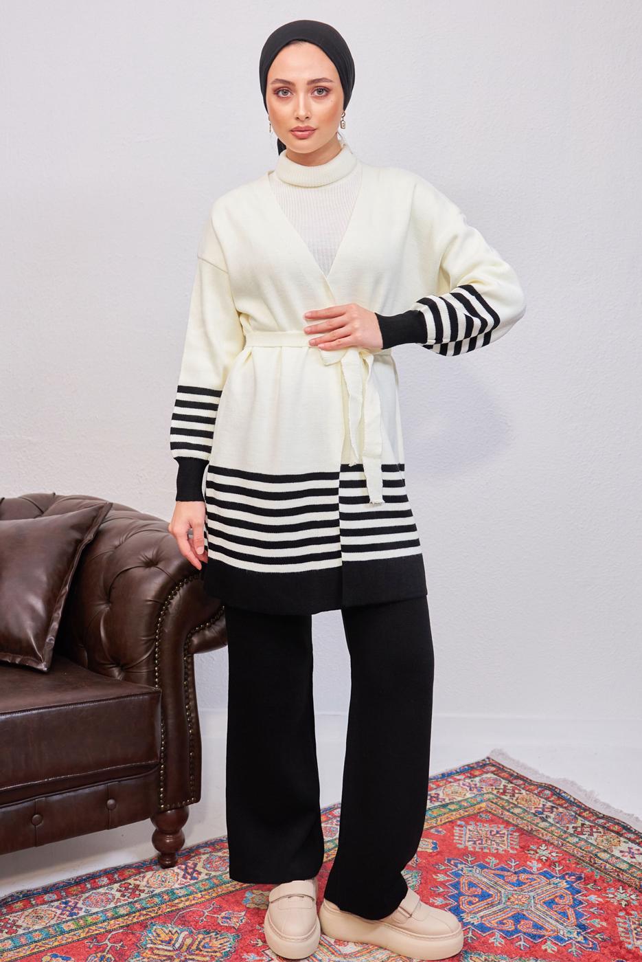 Tesettür giyim SİYAH ÇİZGİLİ PANTOLONLU TRİKO TAKIM T 3708