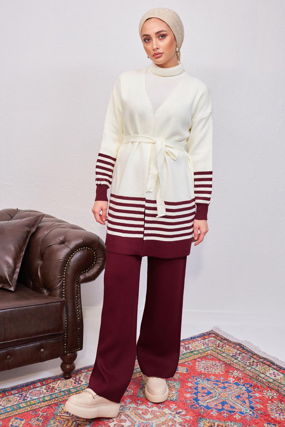 Tesettür giyim BORDO ÇİZGİLİ PANTOLONLU TRİKO TAKIM T 3708