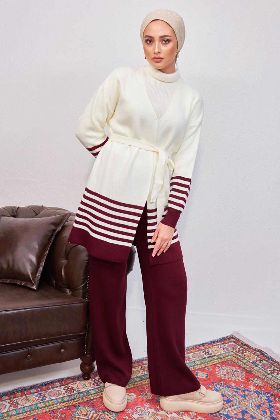 Tesettür giyim BORDO ÇİZGİLİ PANTOLONLU TRİKO TAKIM T 3708