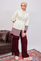Tesettür giyim BORDO ÇİZGİLİ PANTOLONLU TRİKO TAKIM T 3708