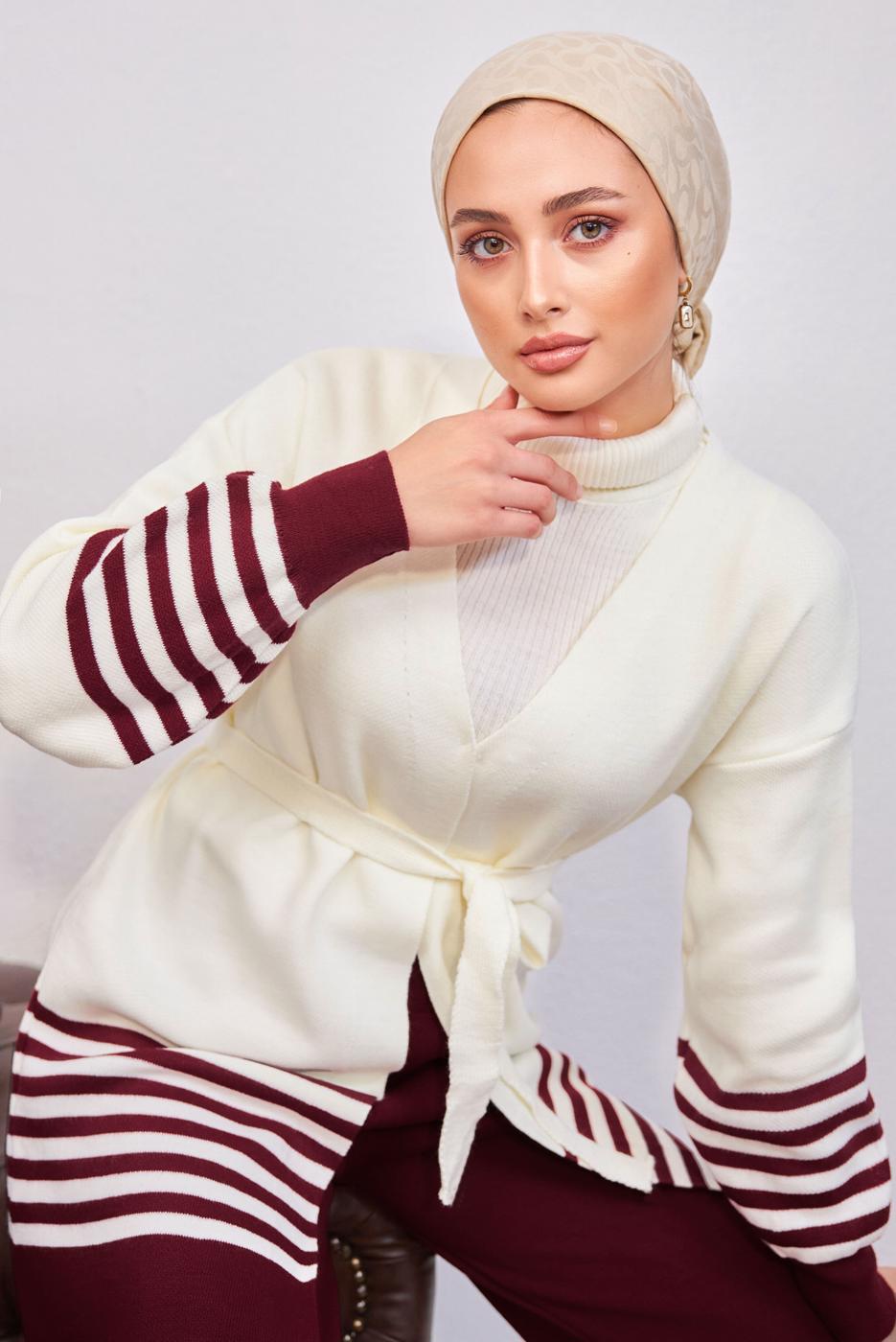 Tesettür giyim BORDO ÇİZGİLİ PANTOLONLU TRİKO TAKIM T 3708