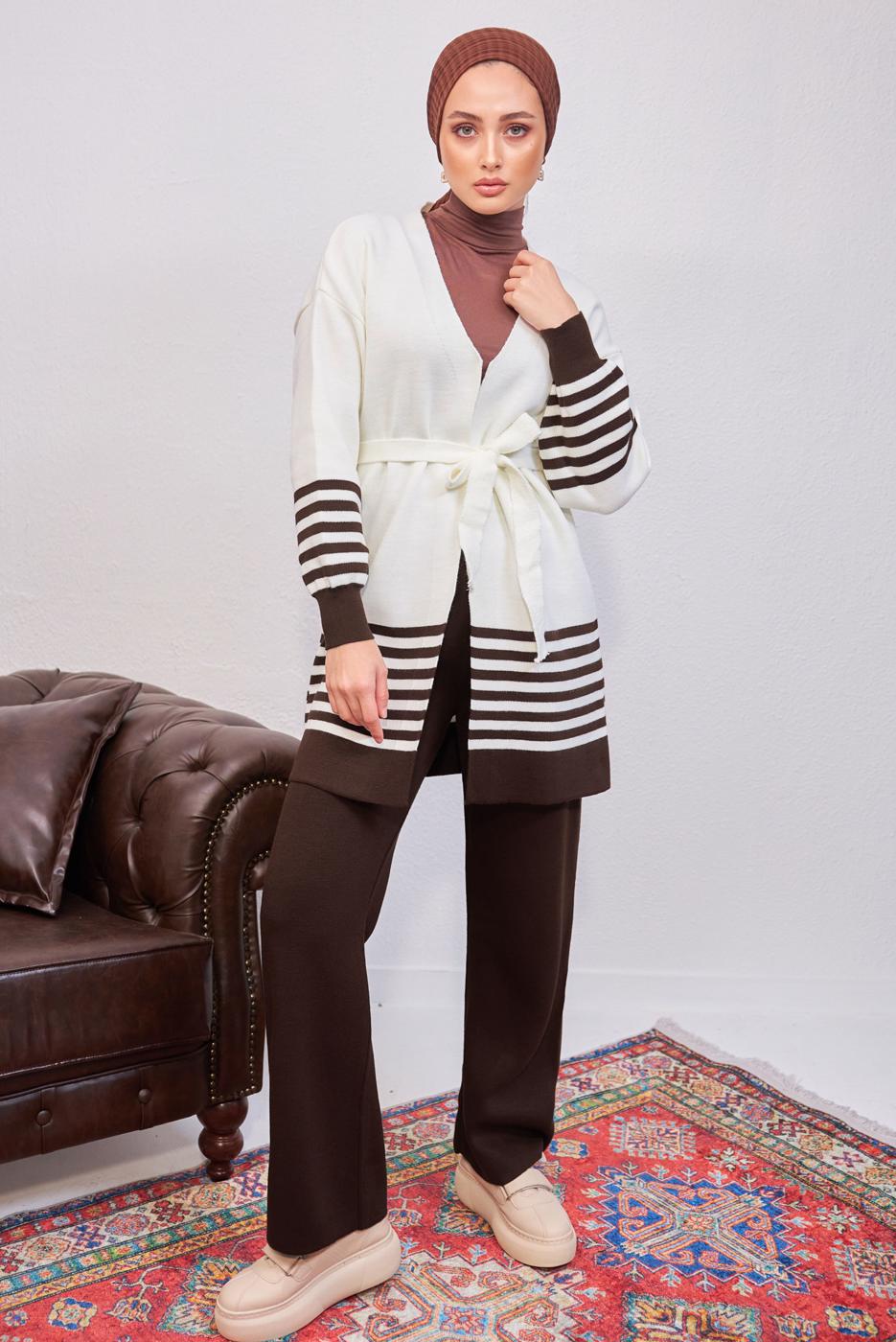 Tesettür giyim KAHVE ÇİZGİLİ PANTOLONLU TRİKO TAKIM T 3708