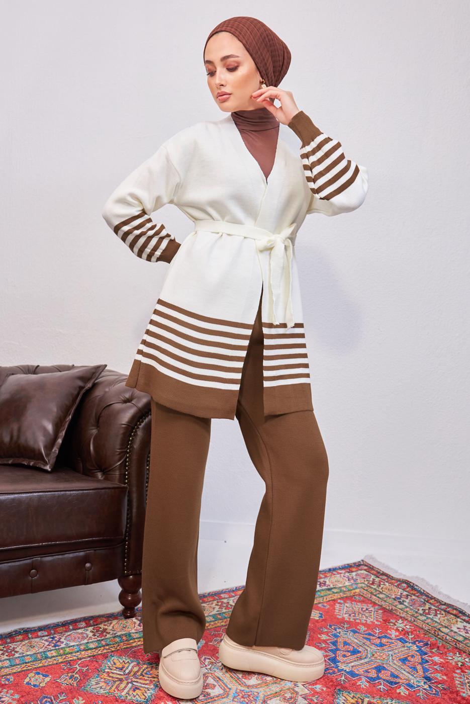 Tesettür giyim TABA ÇİZGİLİ PANTOLONLU TRİKO TAKIM T 3708