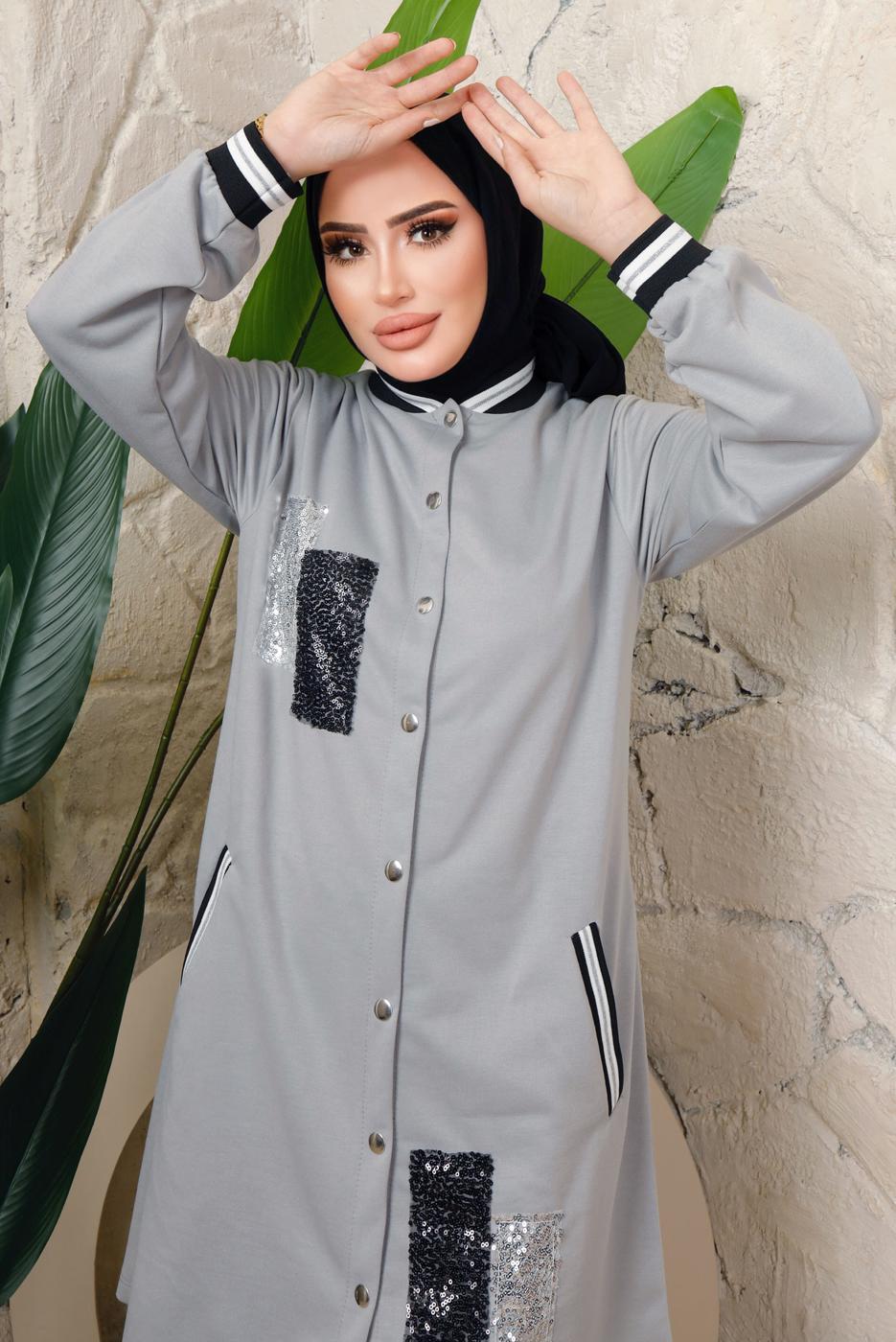 Tesettür giyim GRİ PUL PAYETLİ PANTOLONLU TAKIM T 3743