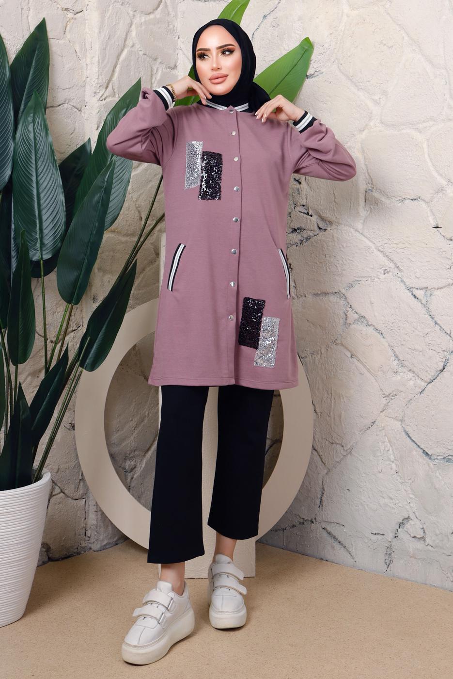 Tesettür giyim MOR PUL PAYETLİ PANTOLONLU TAKIM T 3743