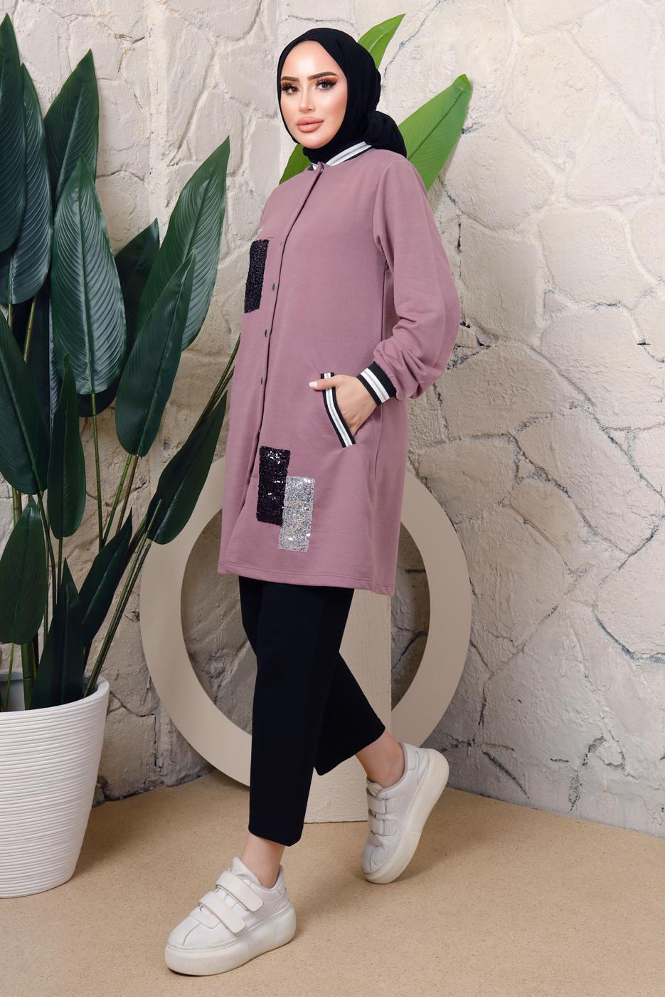 Tesettür giyim MOR PUL PAYETLİ PANTOLONLU TAKIM T 3743