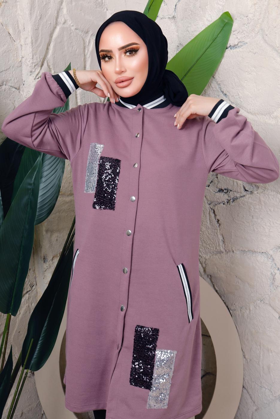 Tesettür giyim MOR PUL PAYETLİ PANTOLONLU TAKIM T 3743