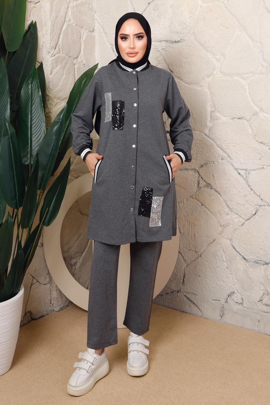 Tesettür giyim GRİ PUL PAYETLİ PANTOLONLU TAKIM T 3743