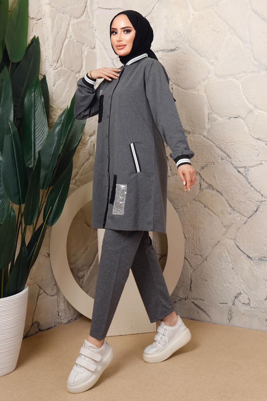 Tesettür giyim GRİ PUL PAYETLİ PANTOLONLU TAKIM T 3743