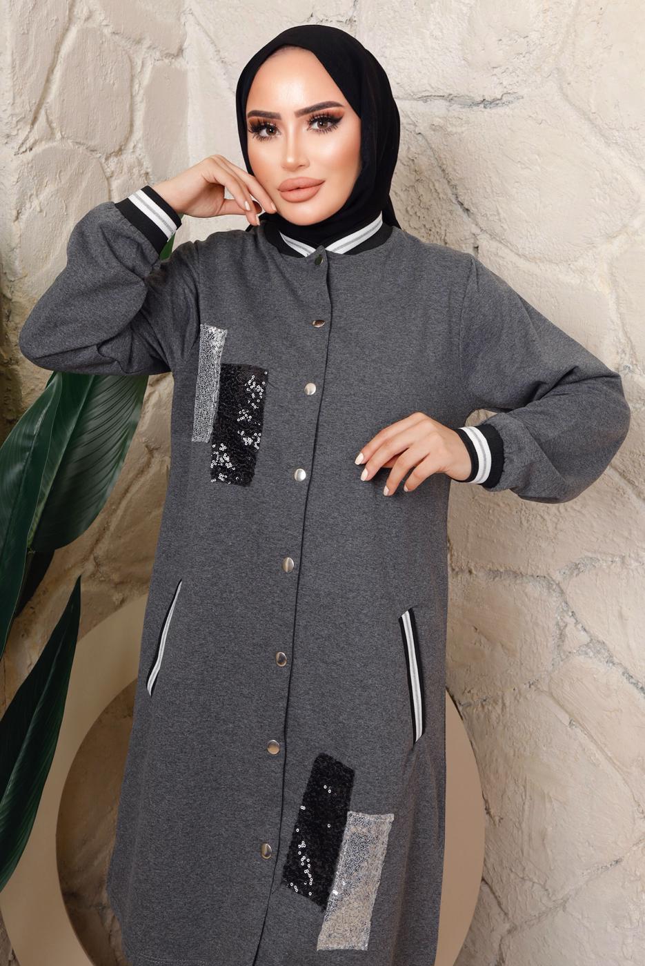 Tesettür giyim GRİ PUL PAYETLİ PANTOLONLU TAKIM T 3743