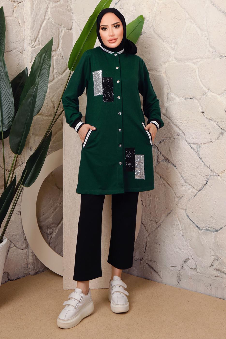 Tesettür giyim YEŞİL PUL PAYETLİ PANTOLONLU TAKIM T 3743