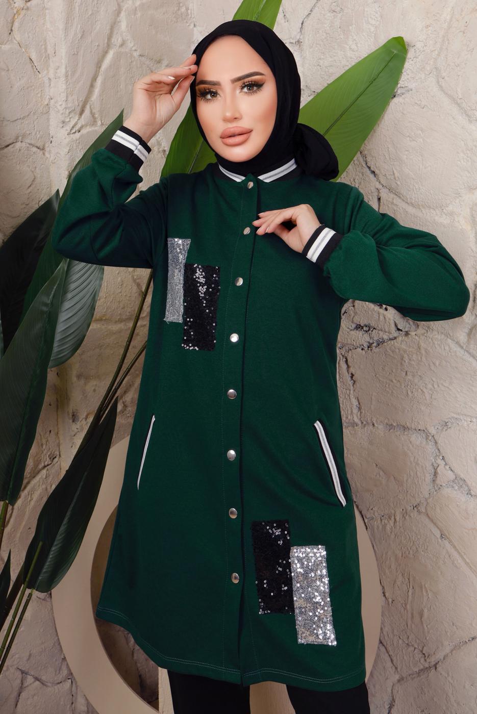Tesettür giyim YEŞİL PUL PAYETLİ PANTOLONLU TAKIM T 3743