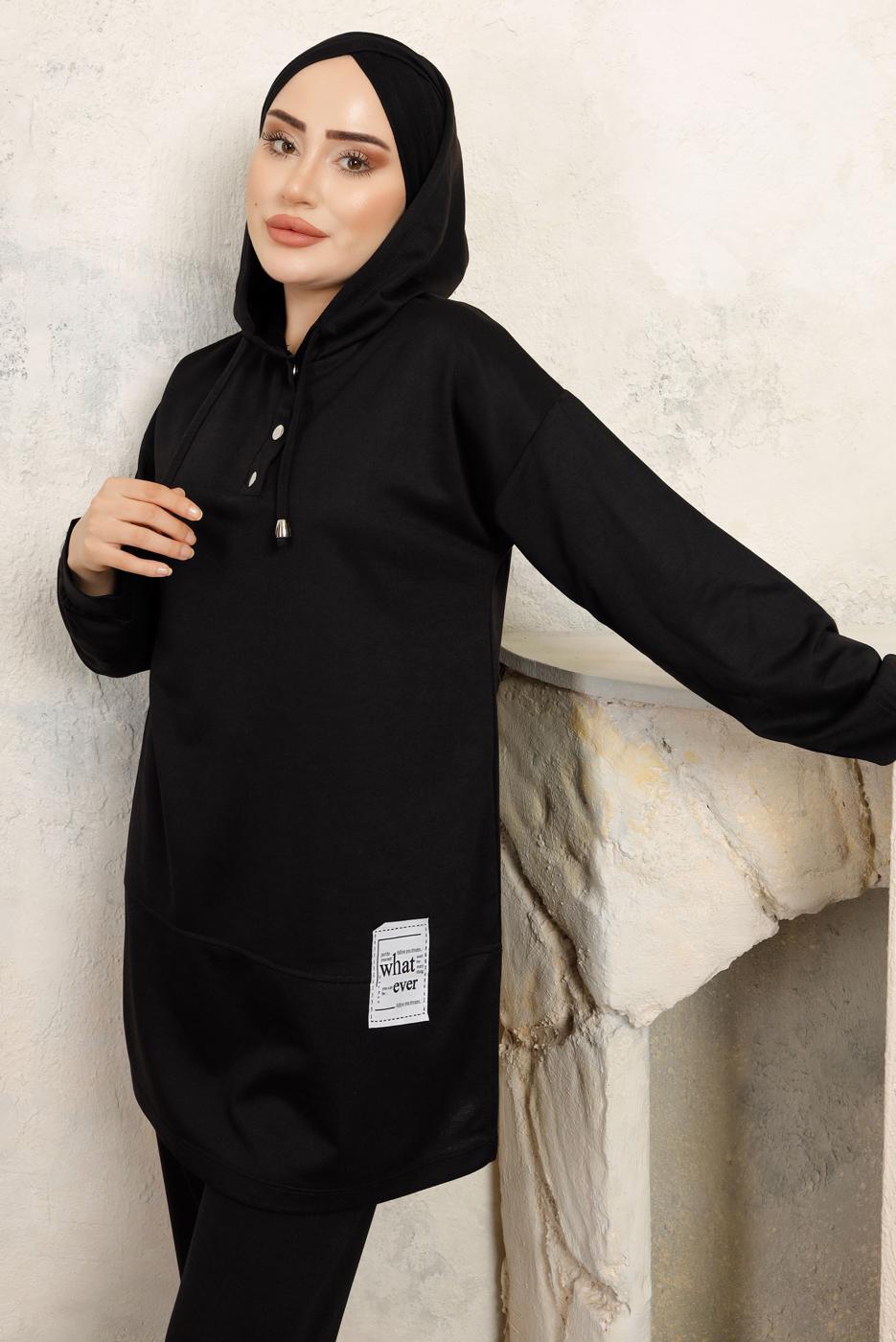 Tesettür giyim SİYAH KAPÜŞONLU PANTOLONLU TAKIM T 3843