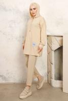Tesettür giyim BEJ KAPÜŞONLU PANTOLONLU TAKIM T 3843