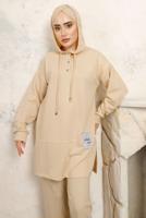 Tesettür giyim BEJ KAPÜŞONLU PANTOLONLU TAKIM T 3843