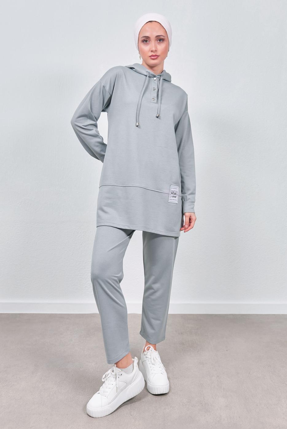 Tesettür giyim GRİ KAPÜŞONLU PANTOLONLU TAKIM T 3843