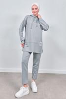 Tesettür giyim GRİ KAPÜŞONLU PANTOLONLU TAKIM T 3843