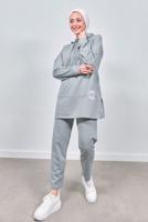 Tesettür giyim GRİ KAPÜŞONLU PANTOLONLU TAKIM T 3843