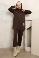 Tesettür giyim KAHVE KAPÜŞONLU PANTOLONLU TAKIM T 3843