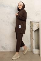 Tesettür giyim KAHVE KAPÜŞONLU PANTOLONLU TAKIM T 3843