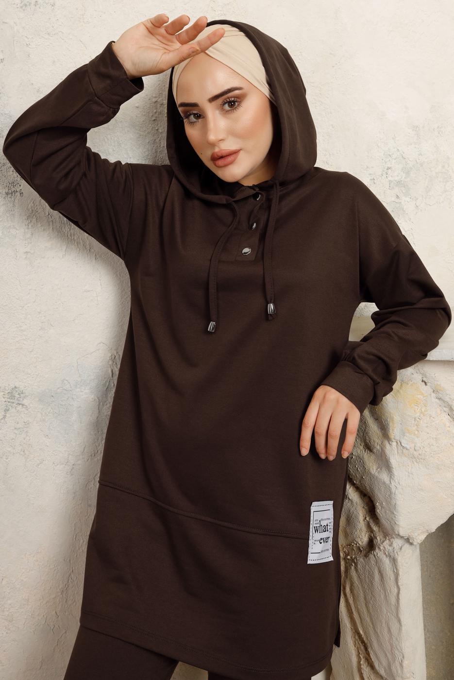 Tesettür giyim KAHVE KAPÜŞONLU PANTOLONLU TAKIM T 3843