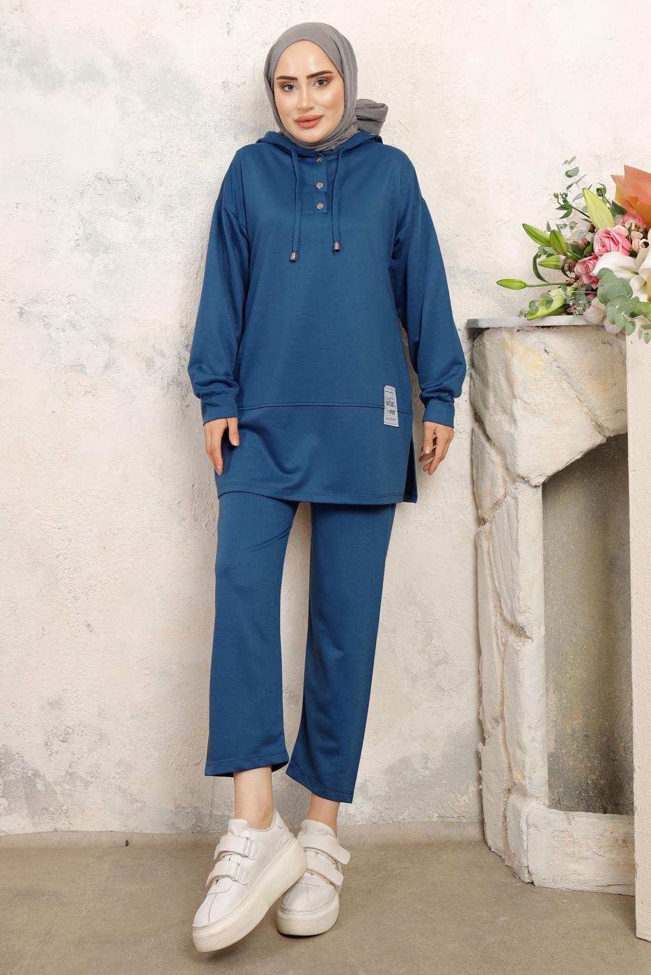 Tesettür giyim LACİVERT KAPÜŞONLU PANTOLONLU TAKIM T 3843