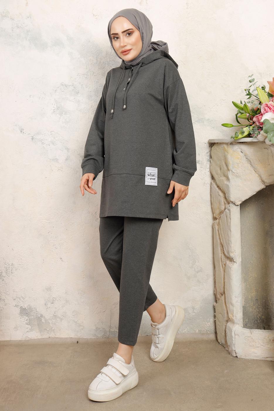 Tesettür giyim GRİ KAPÜŞONLU PANTOLONLU TAKIM T 3843
