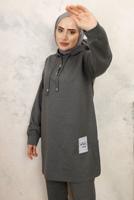 Tesettür giyim GRİ KAPÜŞONLU PANTOLONLU TAKIM T 3843