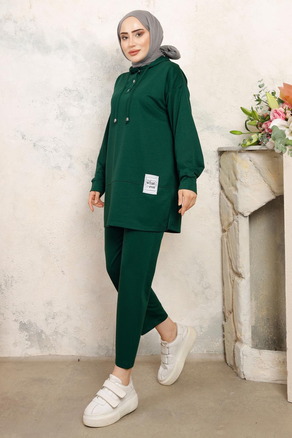 Tesettür giyim YEŞİL KAPÜŞONLU PANTOLONLU TAKIM T 3843