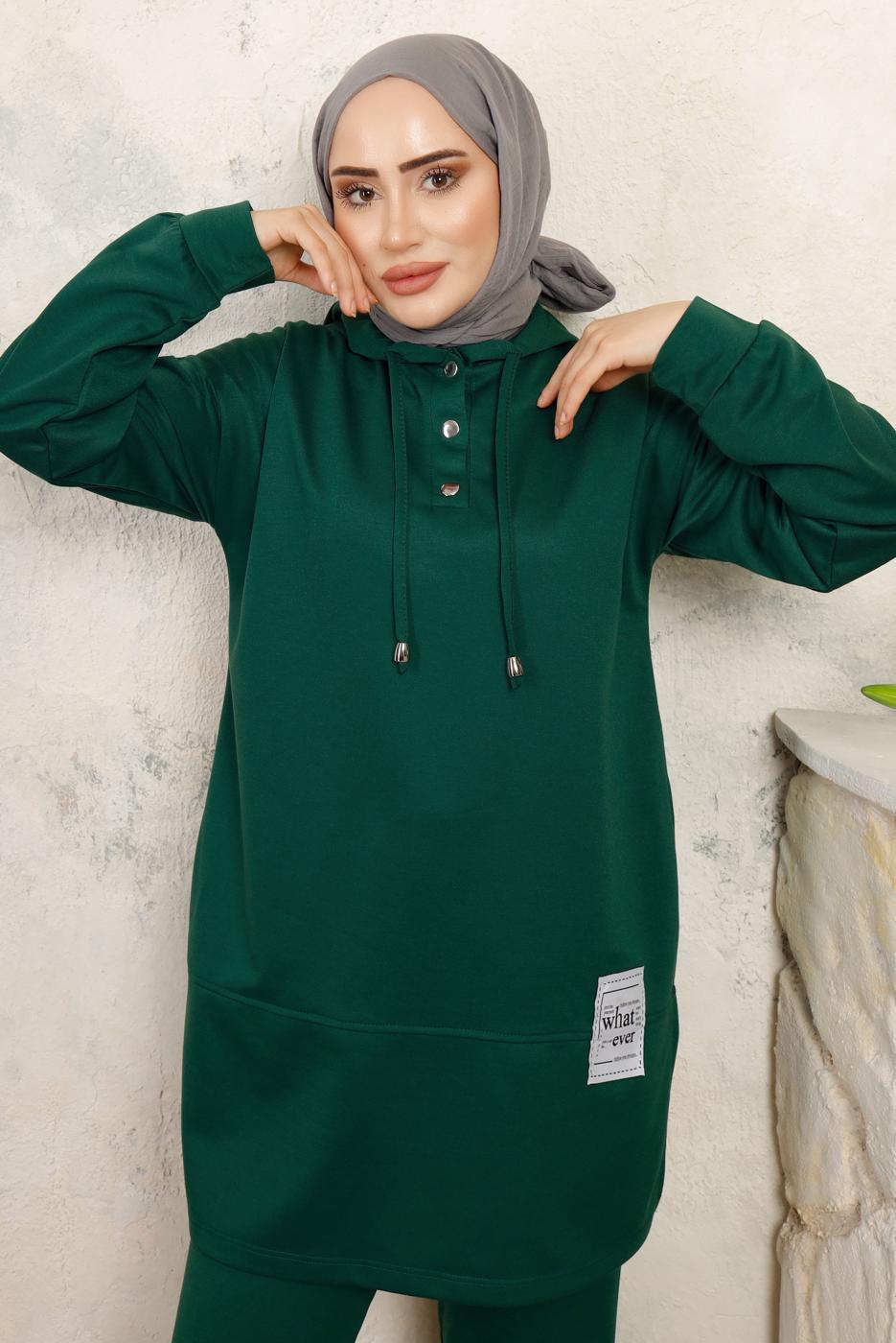 Tesettür giyim YEŞİL KAPÜŞONLU PANTOLONLU TAKIM T 3843