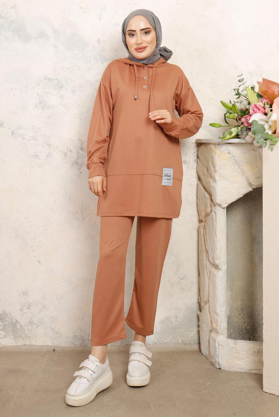 Tesettür giyim KAHVE KAPÜŞONLU PANTOLONLU TAKIM T 3843